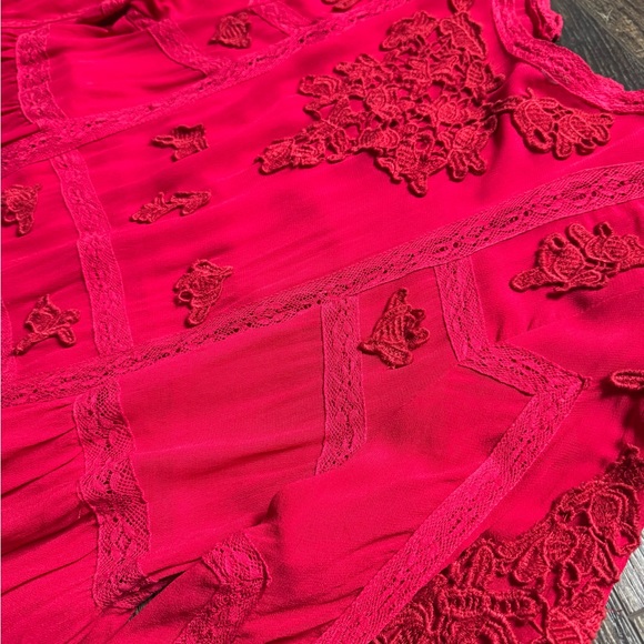 Free People Red Embroidered Boho Tiered Mini Dress | Large - Picture 9 of 11